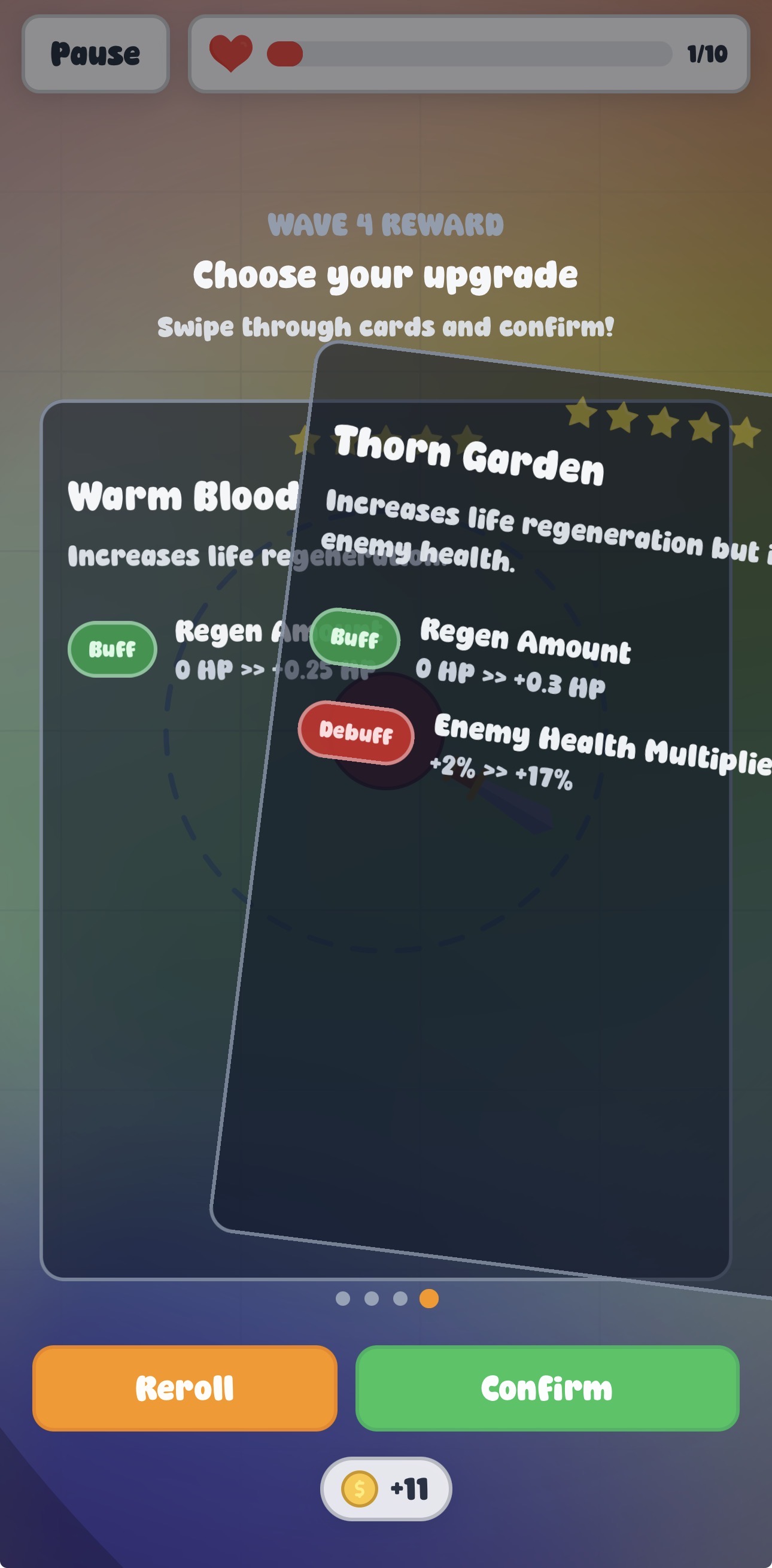 Upgrade cards shown between combat waves.