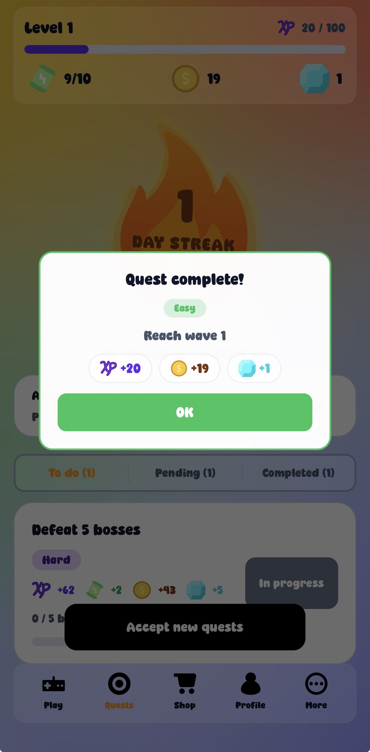 Quest screen with a complete quest modal.
